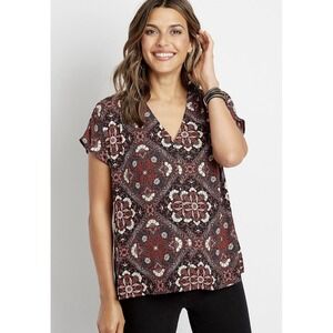 NWT Maurices Womens sz L Blouse Black Floral Button Front Short Sleeve V Neck